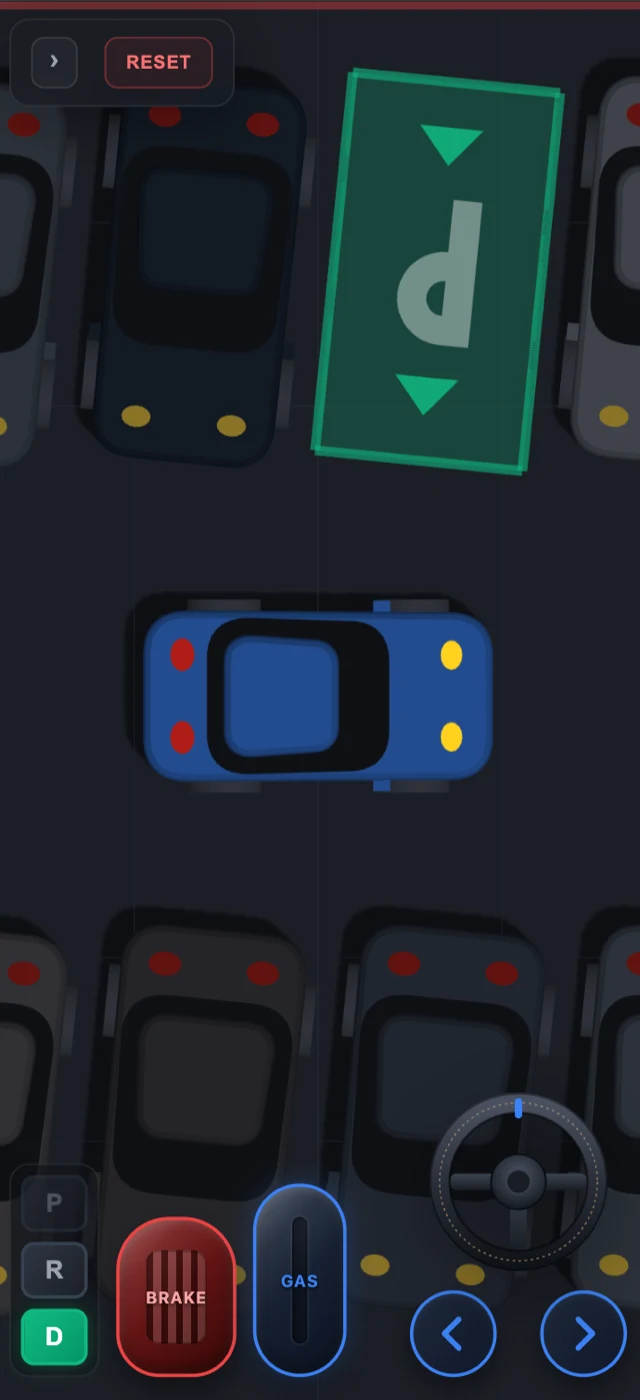 Top-down gameplay on a phone: the blue player car lining up to reverse into a tilted green goal bay marked with a painted P, between rows of parked cars, with brake and gas pedals, a P/R/D shifter and a steering wheel.
